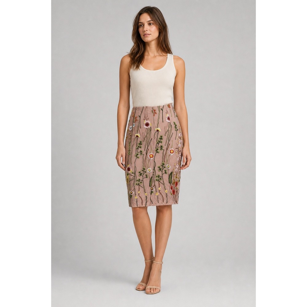ECI New York Pencil Midi Skirt Women 4 Pink Floral Embroidered Mesh Coquette